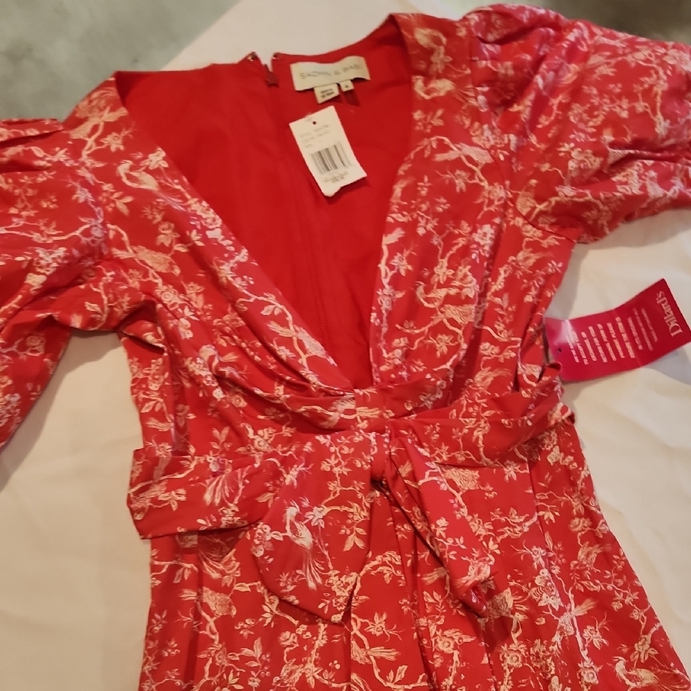 Sachin + Babi Coral-Red Floral Asymmetrical Wrap Dress - Picture 7 of 13
